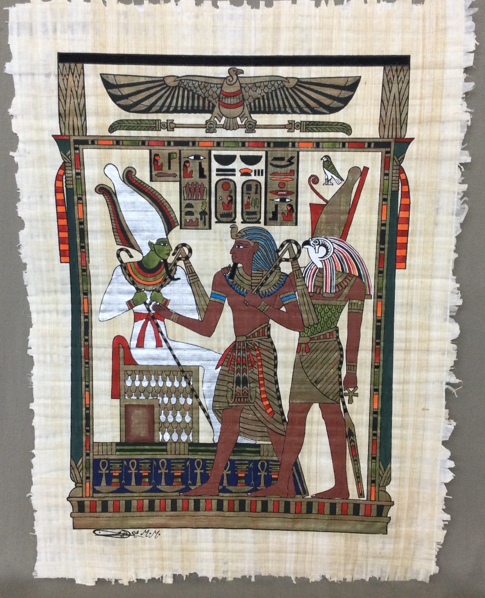 ☆42―054☆ガラス額装 パピルス絵画 古代エジプト風 ☆42―054☆ガラス額装 パピルス絵画 古代エジプト風