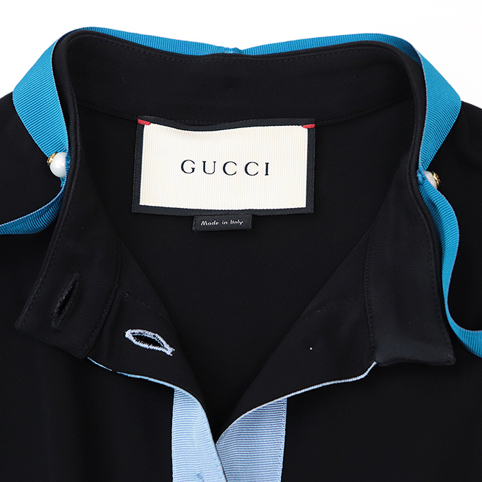 GUCCI グッチ ワンピース インターロッキング フェイクパールボタン リボンタイ取外可 ノースリーブ ドレス レディース S 黒 青 伊制
