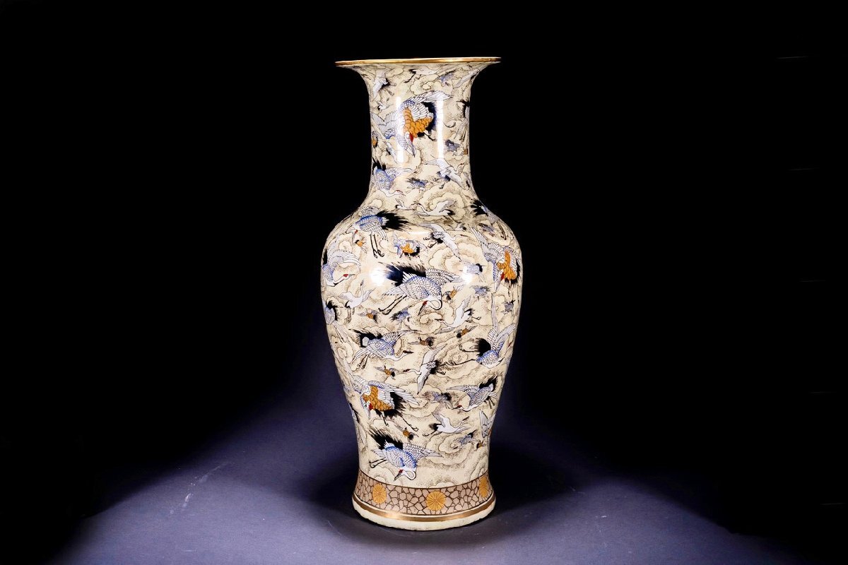 善古堂】某有名オークション買入 時代物 薩摩焼 色絵金彩 群鶴紋