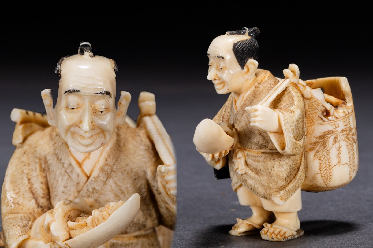 善古堂】特殊天然材 特殊白材 江戸時代 人物根付 在銘 豪華芯料