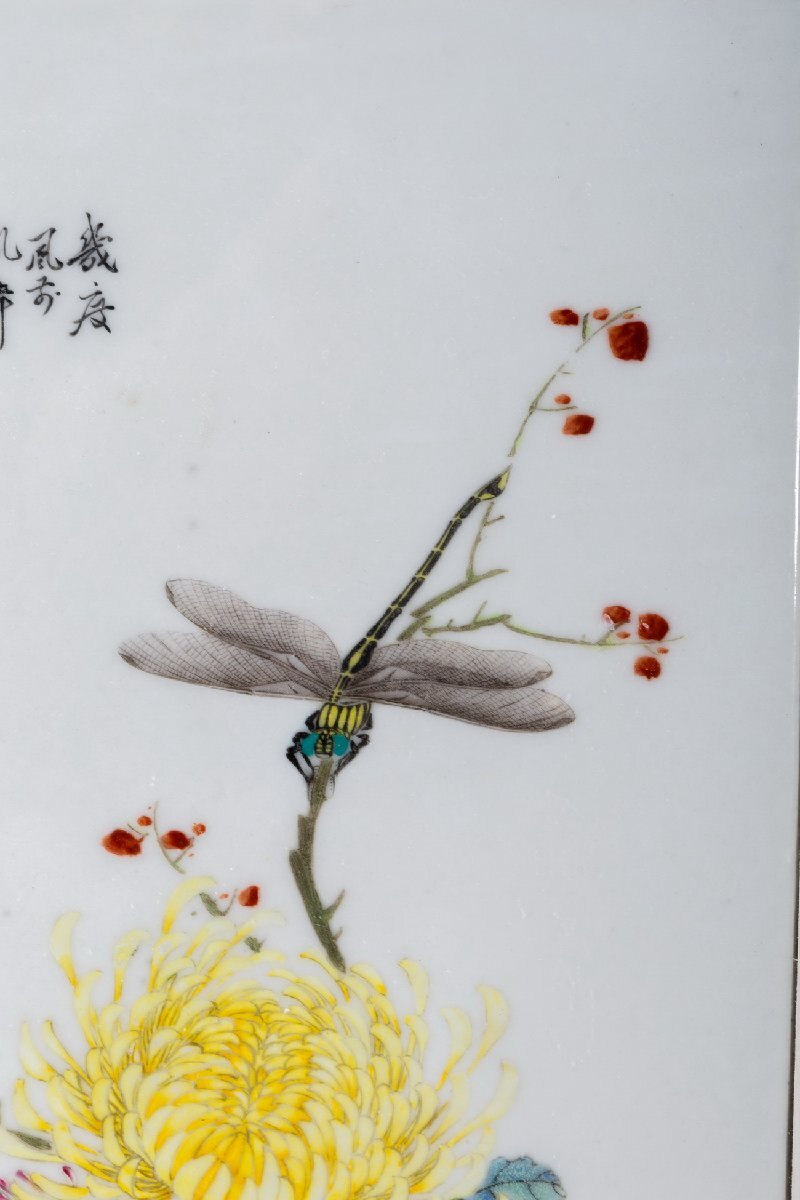 善古堂】某収集家放出品 時代 景徳鎮 裕祖畫 花蟲図陶板 額装