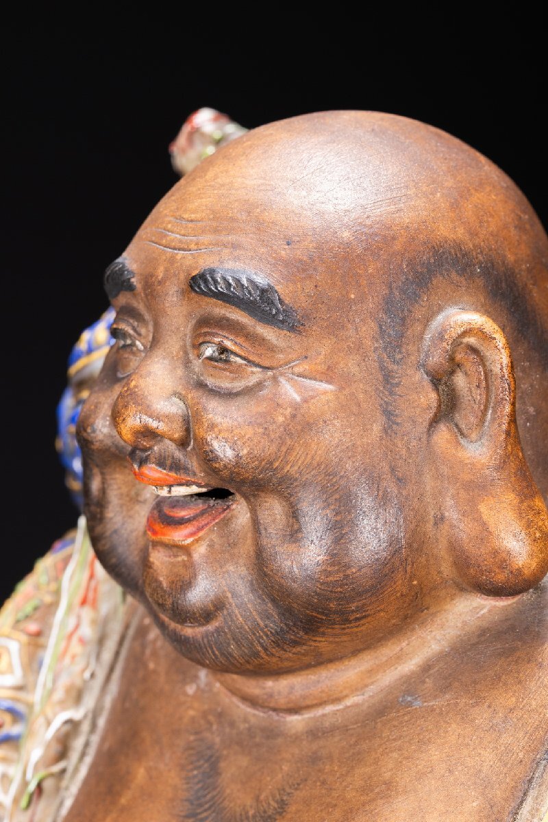 善古堂】某収集家放出品 明治時代 古九谷 色絵金彩布袋造像31CM