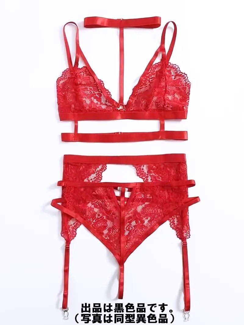 ◆ ラグジュアリー美レース3点セット ブラジャー部分 C80-90/ショーツLL/ガーターLL ブラック系♪新品:大きいサイズ◆送料230円(匿名)◆_画像10