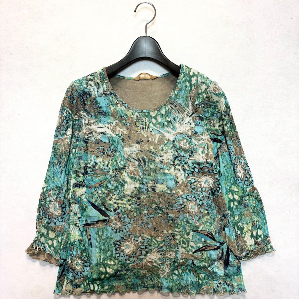 S◇良品/高級(jí)エレガント服 '重ね著デザイン' 伊太利屋 GK ITALIYA 長(zhǎng)袖 ラインストーン 総柄 シルク100% カットソー 11號(hào) トップス 婦人服