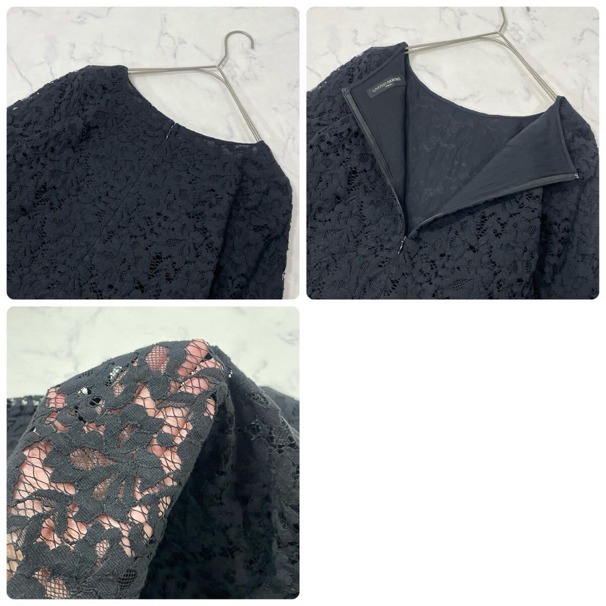 美品 UNITED ARROWS ユナイテッドアローズ ワントーン 花柄 レース 裏地付き クルーネック ジップ 七分袖 ブラウス ブラック_画像8