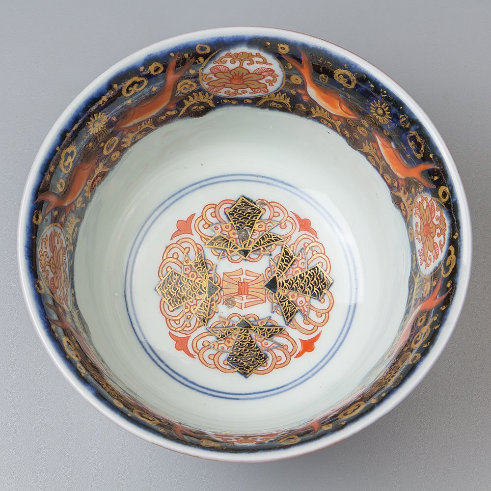 五】古伊万里染錦色絵金襴手花鳥魚文鉢 江戸後期 箱付(金襴手 五】古伊万里染錦色絵金襴手花鳥魚文鉢 江戸後期 箱付(金襴手