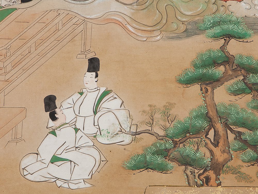 五】古画 大和絵 人物図 絹本 彩色 肉筆 二曲屏風(人物、菩薩 五】古画 大和絵 人物図 絹本 彩色 肉筆 二曲屏風(人物、菩薩