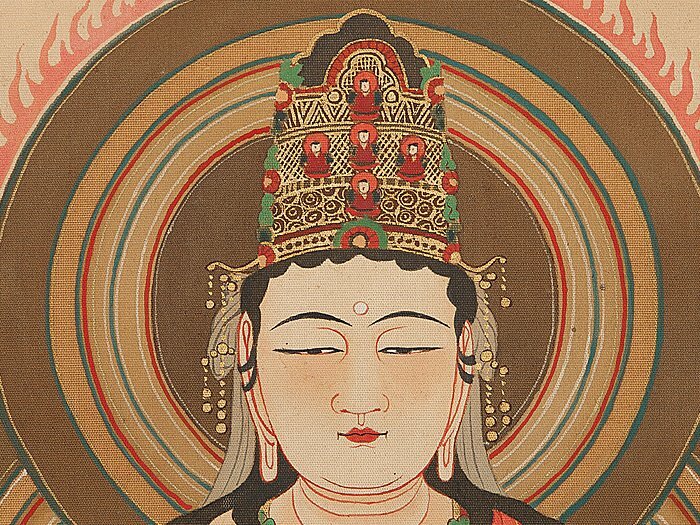 五】河合健二 仏画 『虚空蔵菩薩』 真作 絹本 彩色 掛軸 共箱 五】河合健二 仏画 『虚空蔵菩薩』 真作 絹本 彩色 掛軸 共箱