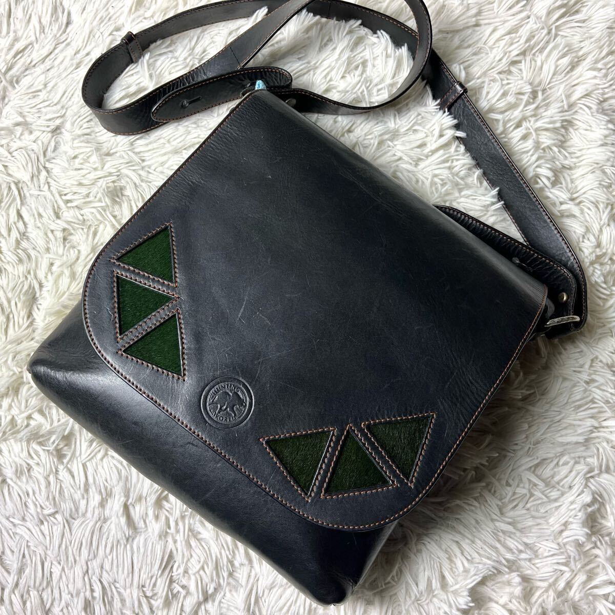 美品◯HUNTING WORLD ショルダーバッグ レザー メンズ ブラック 美品◯HUNTING WORLD ショルダーバッグ レザー メンズ ブラック