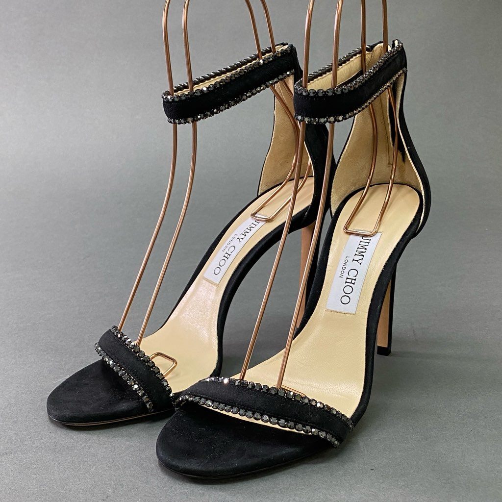 3d3 { не использовался товар } JIMMY CHOO Jimmy Choo лодыжка ремешок стразы каблук сандалии 38 черный замша кожа Италия производства 
