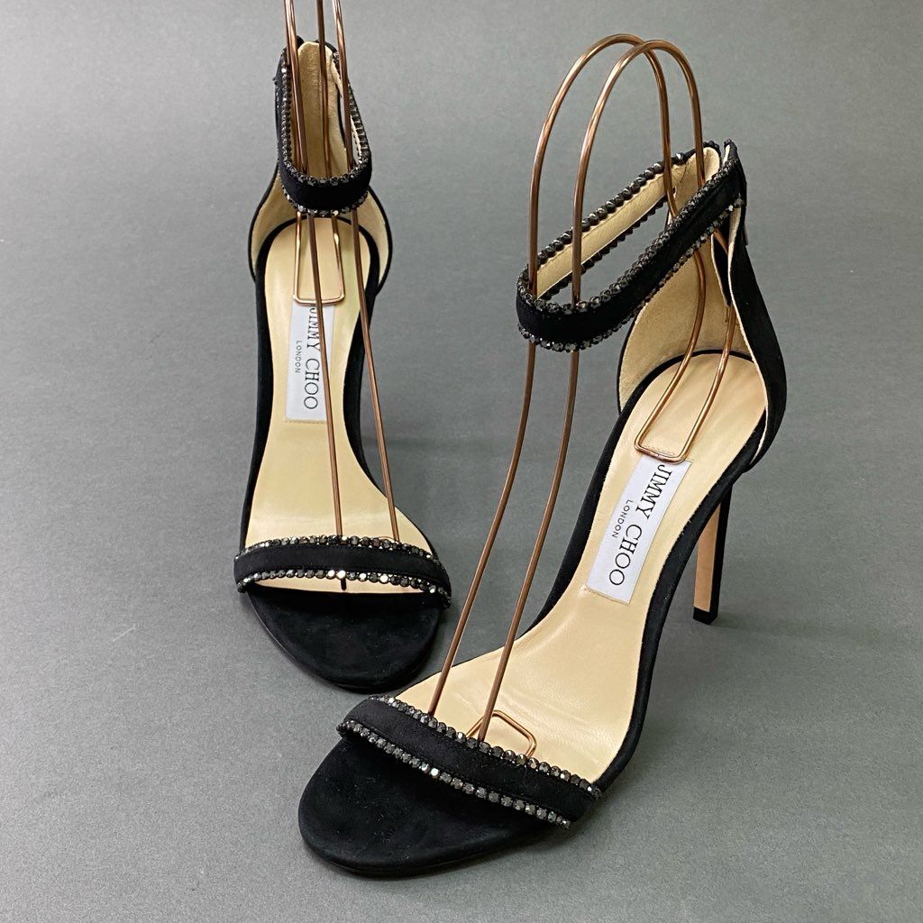 3d3 { не использовался товар } JIMMY CHOO Jimmy Choo лодыжка ремешок стразы каблук сандалии 38 черный замша кожа Италия производства 