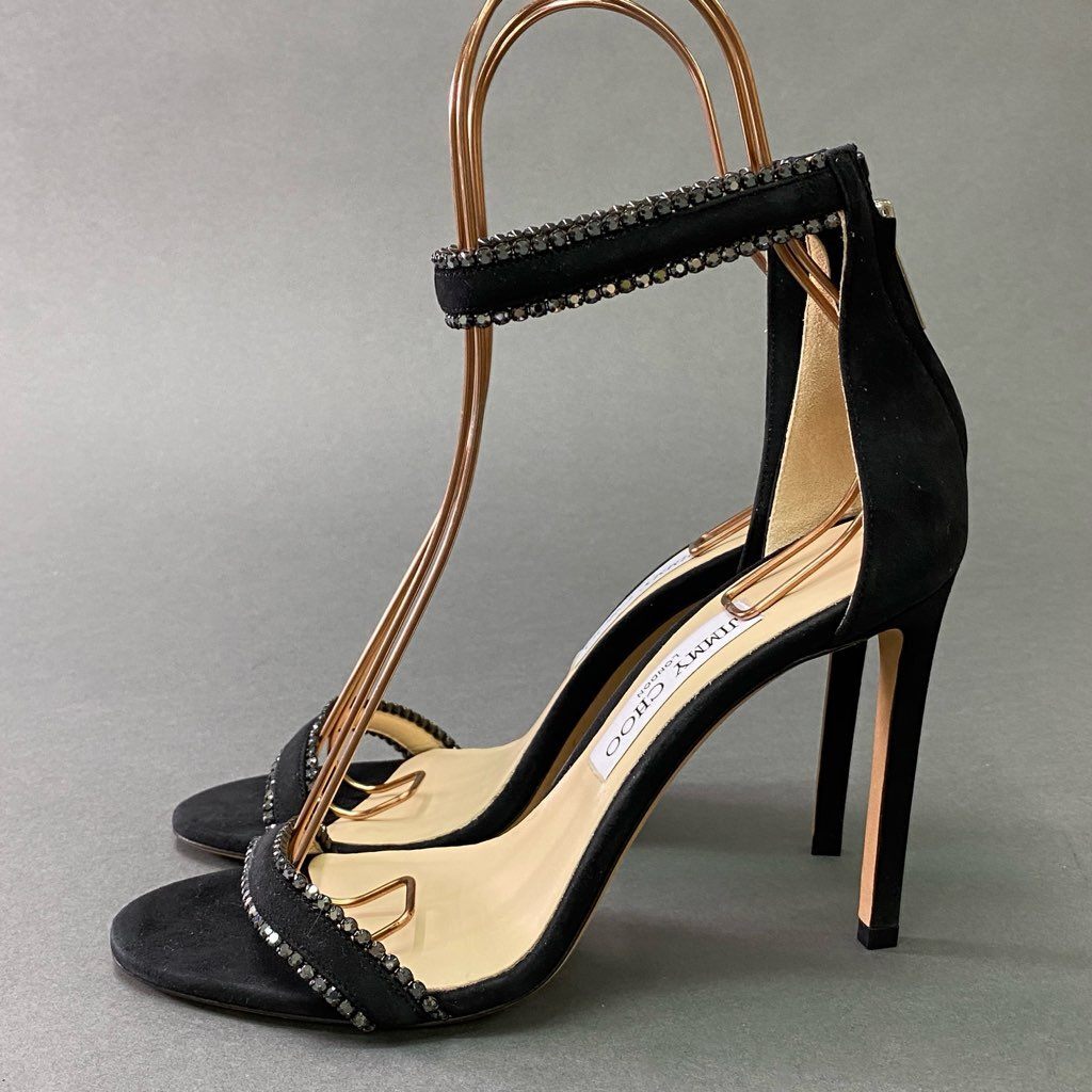 3d3 { не использовался товар } JIMMY CHOO Jimmy Choo лодыжка ремешок стразы каблук сандалии 38 черный замша кожа Италия производства 