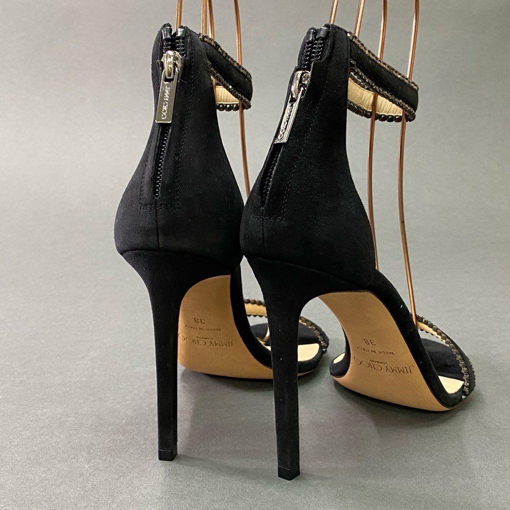 3d3 { не использовался товар } JIMMY CHOO Jimmy Choo лодыжка ремешок стразы каблук сандалии 38 черный замша кожа Италия производства 
