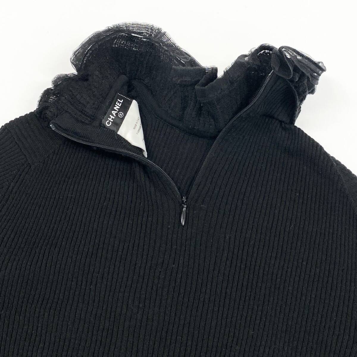 34d4 CHANEL シャネル リブニット 長袖セーター トップス フリル ココマーク裝飾 P51988K06686 サイズ40 ブラック レディース