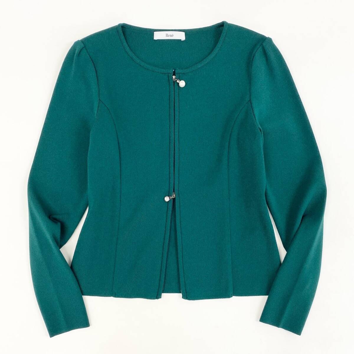 29d11 《美品》 Rene ルネ パール＆ビジュー ダブルジップカーディガン 6232360 36 グリーン ストレッチ 伸縮性◎ 日本制