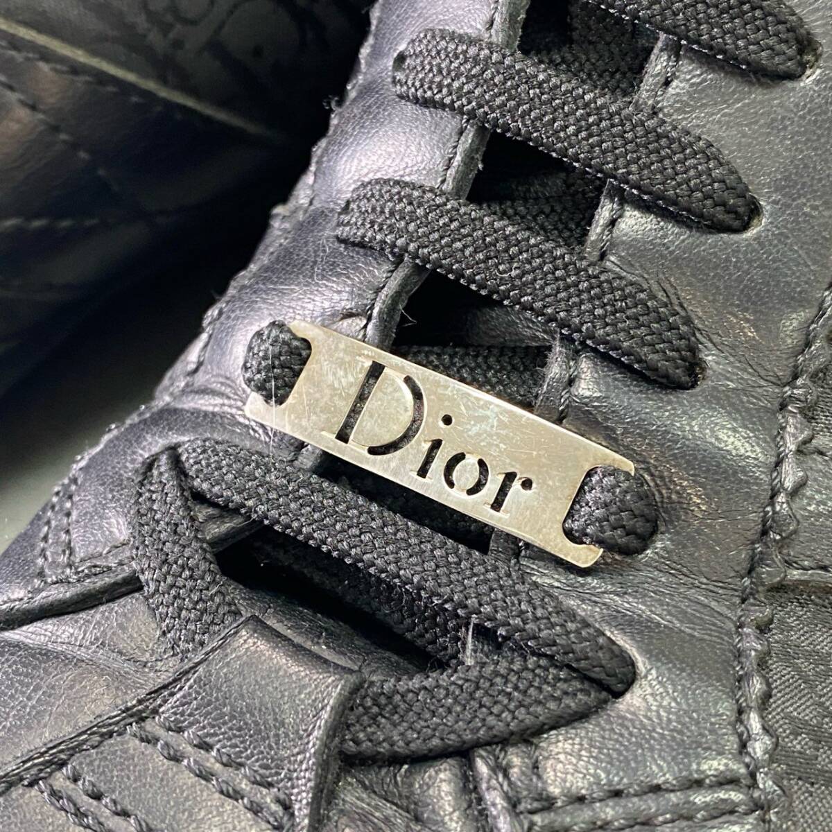 5d16 Christian Dior クリスチャンディオール トロッター レザースニーカー 37 ブラック Leather メタルプレート シューズ