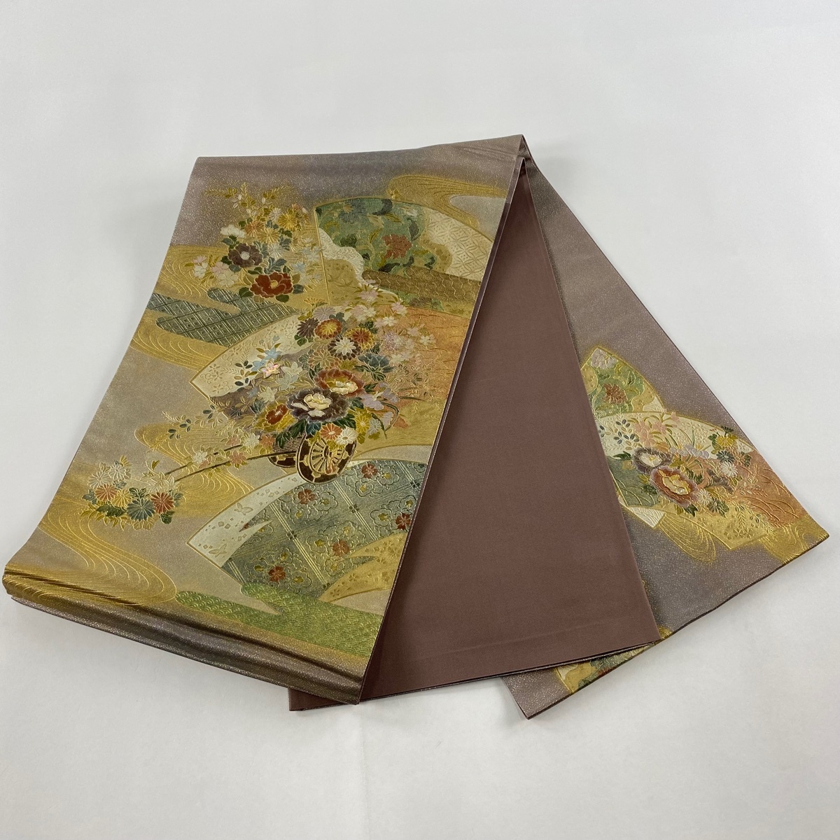 在庫一掃】 袋帯 美品 名品 花車 流水 螺鈿 箔 ベージュ お太鼓 在庫一掃】 袋帯 美品 名品 花車 流水 螺鈿 箔 ベージュ お太鼓