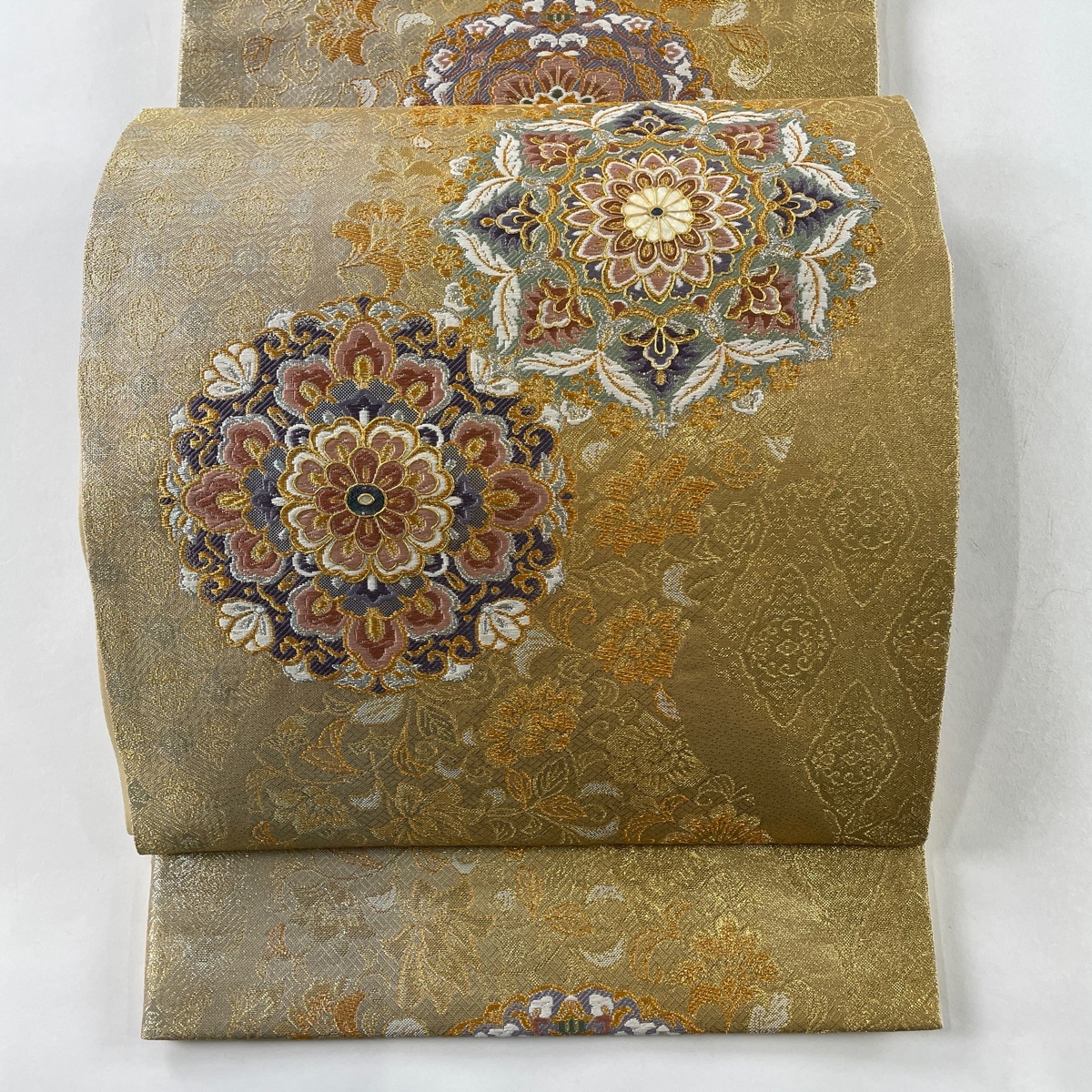 袋帯 美品 秀品 やまと 華文 七宝 螺鈿 箔 金色 六通 正絹 袋帯 美品 秀品 やまと 華文 七宝 螺鈿 箔 金色 六通 正絹