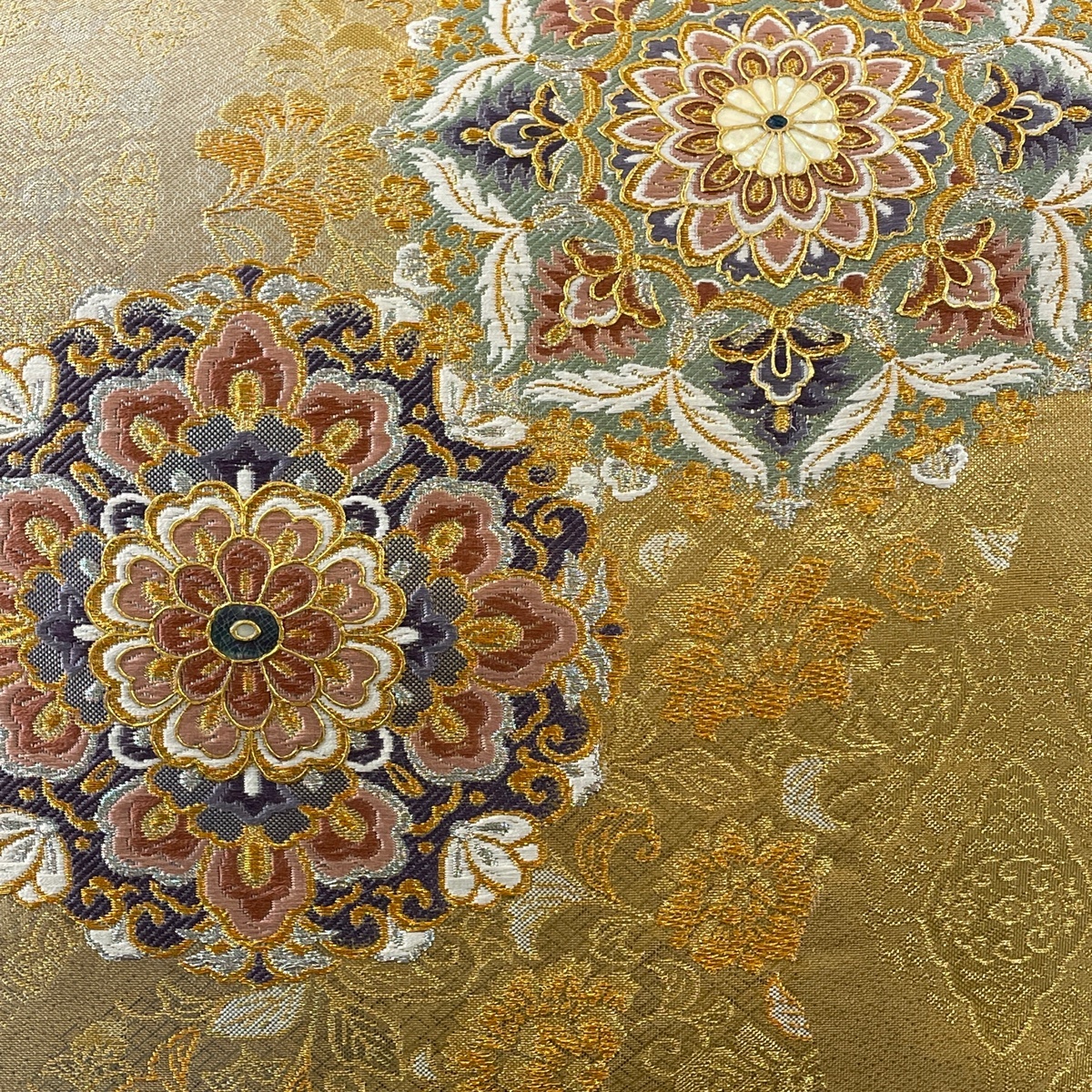 袋帯 美品 秀品 やまと 華文 七宝 螺鈿 箔 金色 六通 正絹 袋帯 美品 秀品 やまと 華文 七宝 螺鈿 箔 金色 六通 正絹