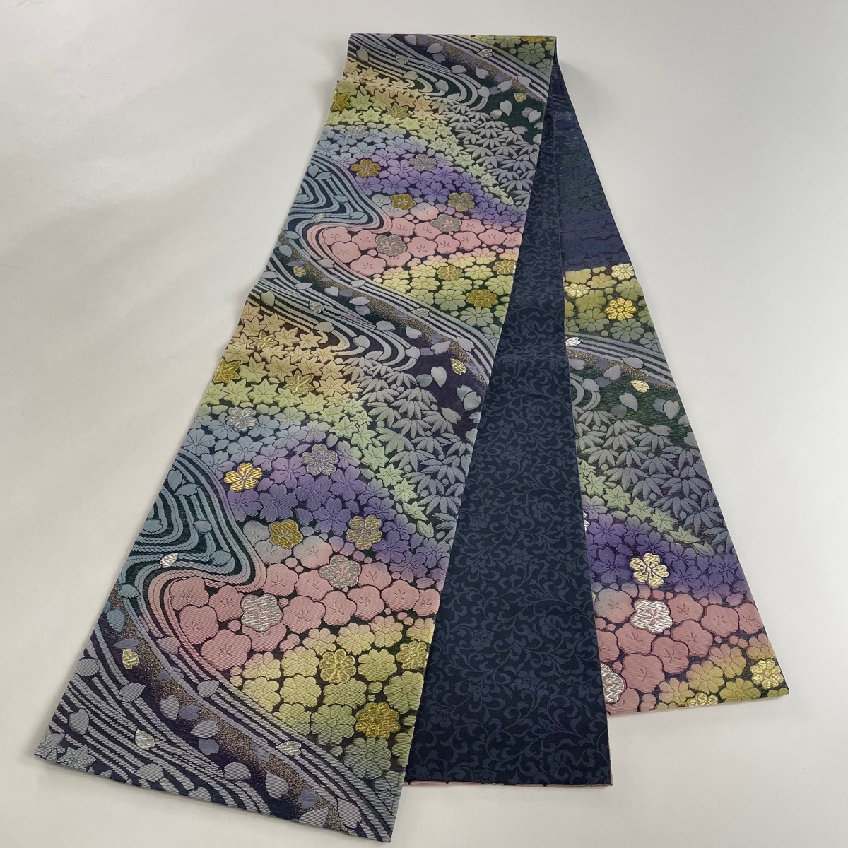ファッション 袋帯 美品 名品 じゅらく 落款 桜楓 梅 金糸 銀糸 紫 六通 正絹 着物・浴衣