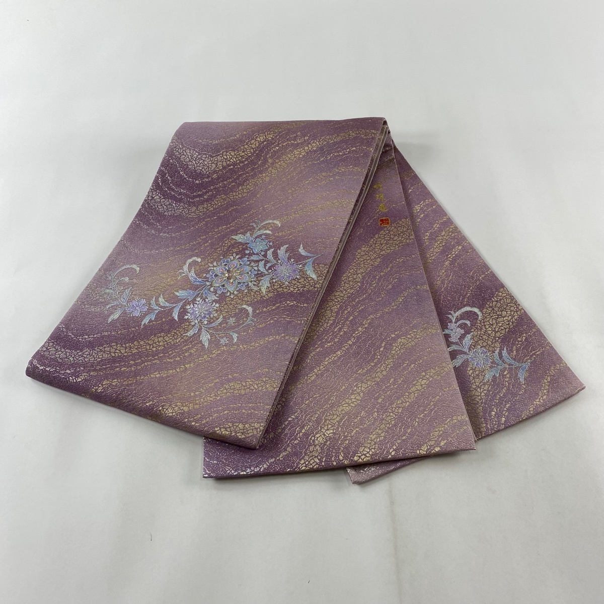 袋帯 美品 名品 落款 草花 金銀彩 螺鈿 紫 お太鼓柄 正絹 【中古 袋帯 美品 名品 落款 草花 金銀彩 螺鈿 紫 お太鼓柄 正絹 【中古