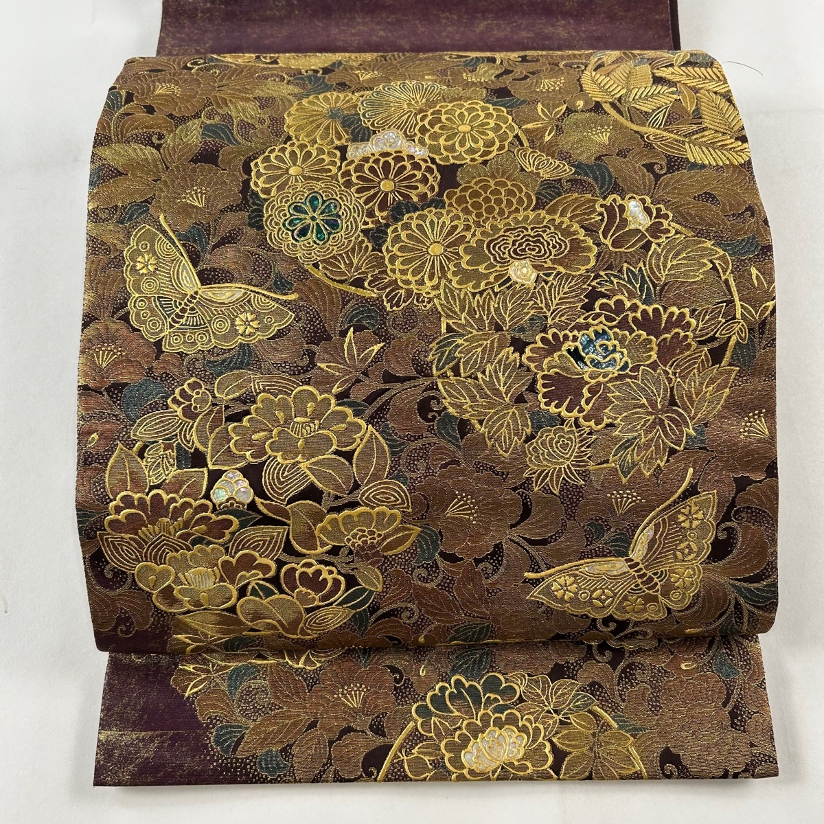 袋帯 名品 花丸文 蝶 螺鈿 金彩 赤紫 お太鼓柄 正絹 【中古 袋帯 名品 花丸文 蝶 螺鈿 金彩 赤紫 お太鼓柄 正絹 【中古