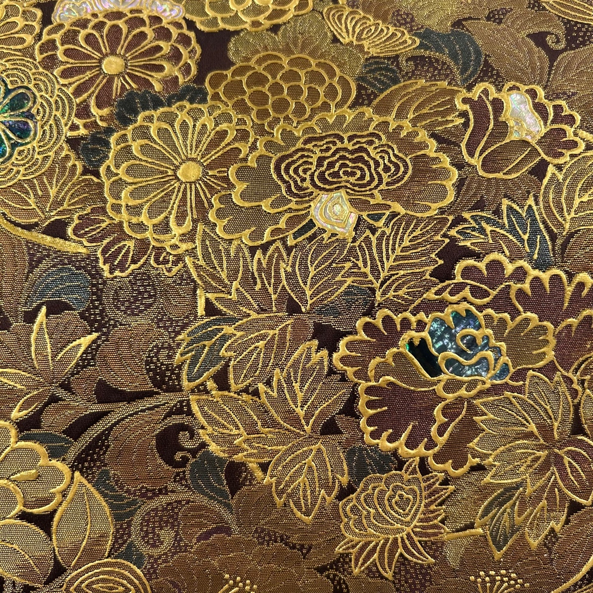袋帯 名品 花丸文 蝶 螺鈿 金彩 赤紫 お太鼓柄 正絹 【中古 袋帯 名品 花丸文 蝶 螺鈿 金彩 赤紫 お太鼓柄 正絹 【中古