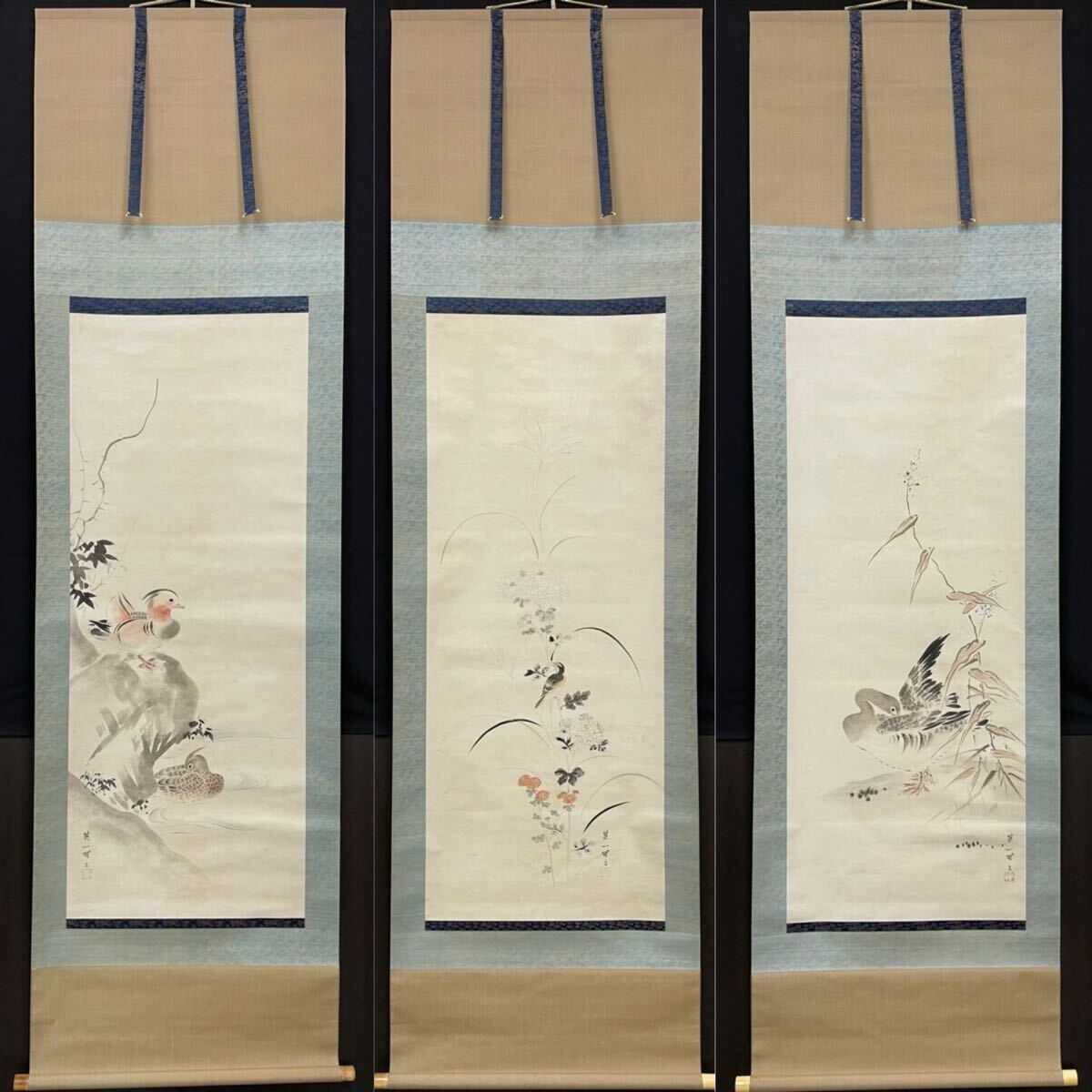真作】 三幅対 英一蝶 花鳥図 安田靫彦極板 紙本着色 掛軸 鴛鴦 真作】 三幅対 英一蝶 花鳥図 安田靫彦極板 紙本着色 掛軸 鴛鴦