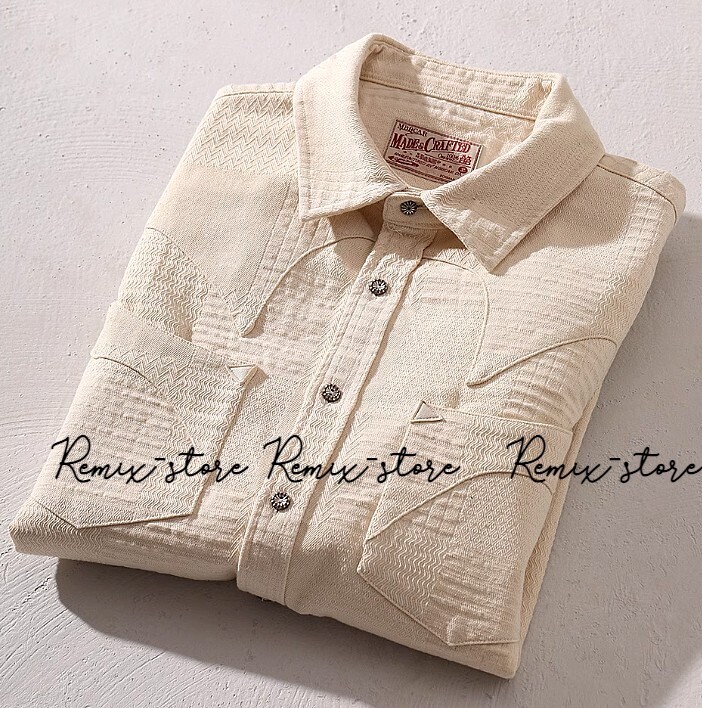 ★ウエスタン！白佳布 ジャカード アメリカンレトロ オリジナル オフホワイト ウエスタンシャツ 300g メンズ M?3XL 大きいサイズ★T841