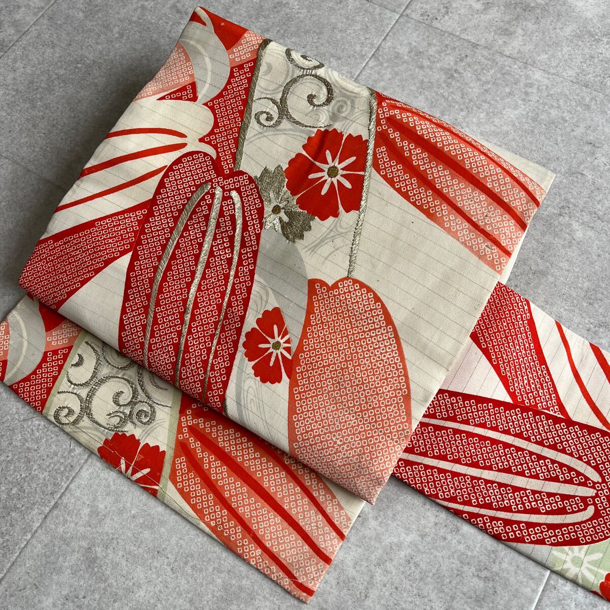 アンティーク　帯　著物　名古屋帯　刺繍　絞りの模様　昭和レトロ　大正ロマン　笹　モダン　和洋折衷コーデ　リメイク　え23-6k 