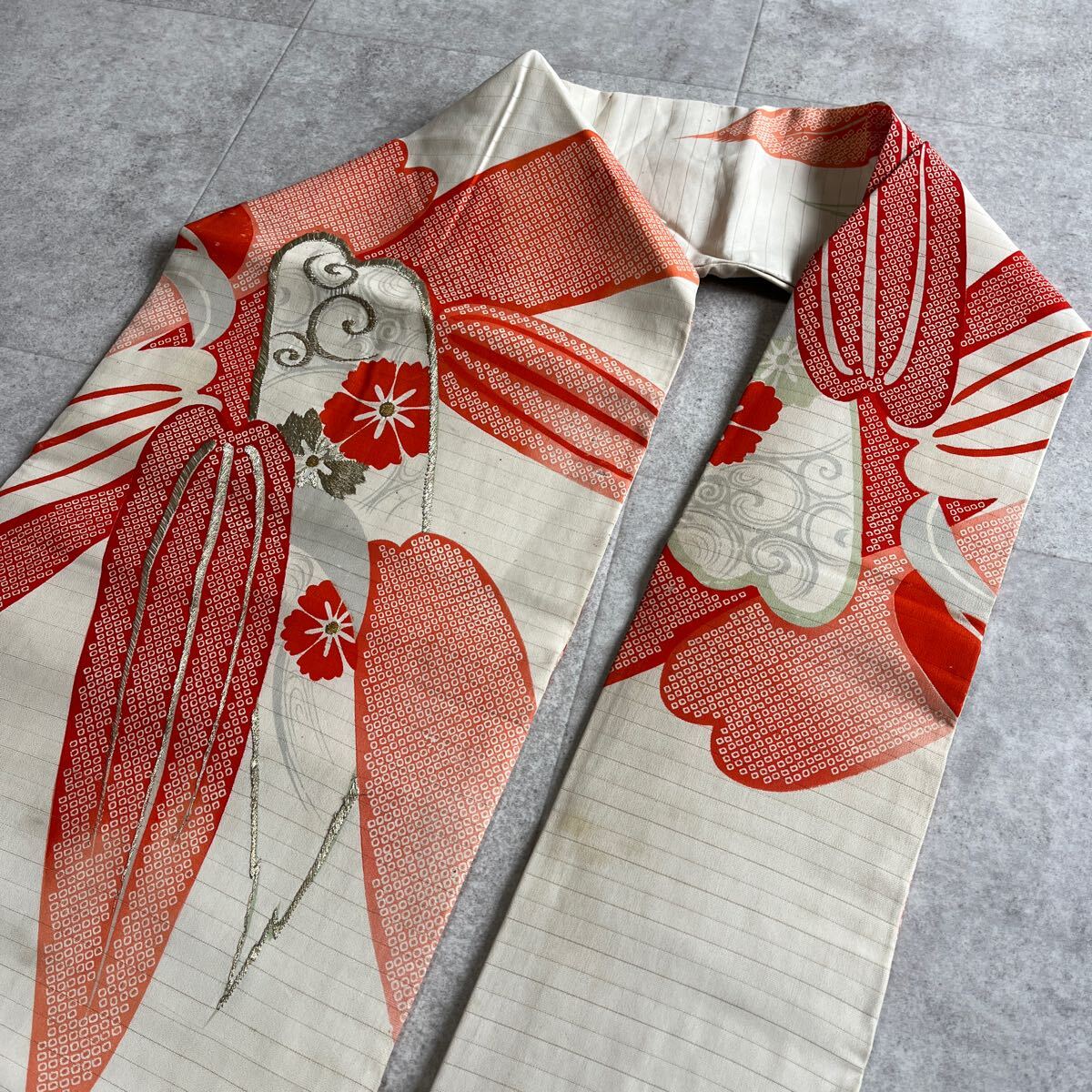 アンティーク　帯　著物　名古屋帯　刺繍　絞りの模様　昭和レトロ　大正ロマン　笹　モダン　和洋折衷コーデ　リメイク　え23-6k 