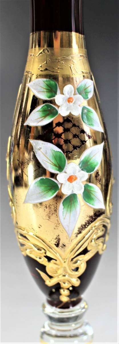 C-299 ベネチア ガラス製 金彩 花柄 花瓶 高さ20.5センチ 一輪挿し イタリア 赤 色ガラス 蔵出 古玩_画像5
