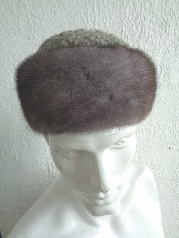 カスタムメイド　メンズ　仕立て直し品　グレー・ミンク&ペルシャンラム毛皮ファー・ハット　帽子