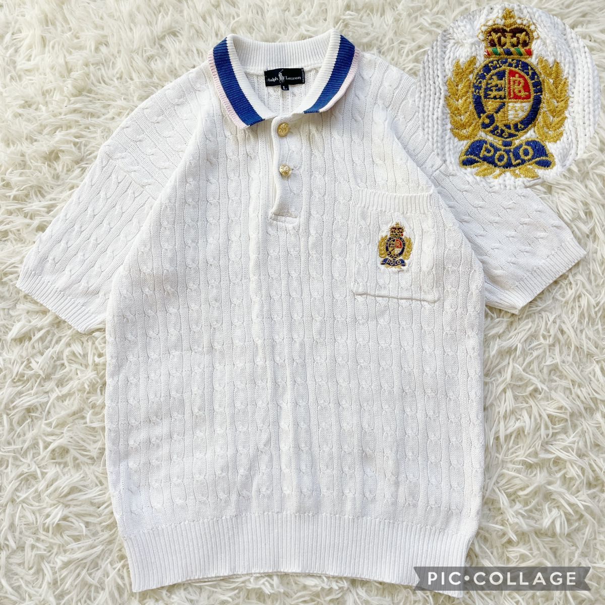 ラルフローレン ケーブルニット ポロシャツ 白 L ロゴ 刺繍 半袖 ラルフローレン ケーブルニット ポロシャツ 白 L ロゴ 刺繍 半袖