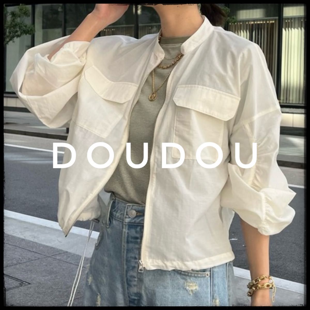 DouDou ホワイト 袖ギャザーシアーブルゾン ジャケット シアー DouDou ホワイト 袖ギャザーシアーブルゾン ジャケット シアー