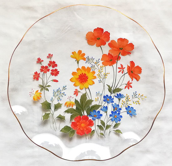 ★ガラス絵皿 70年代ポップ　明るい花柄