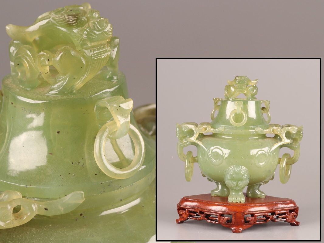 中国古玩 唐物 緑砡石 翡翠 遊環 置物 香炉 時代物 極上品 初 中国古玩 唐物 緑砡石 翡翠 遊環 置物 香炉 時代物 極上品 初