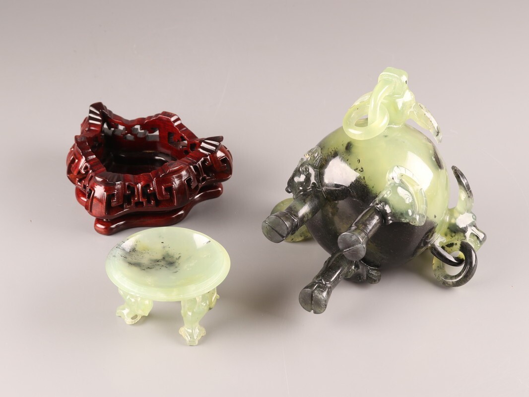 中国古玩 唐物 緑砡石 翡翠 遊環 置物 香炉 時代物 極上品 初