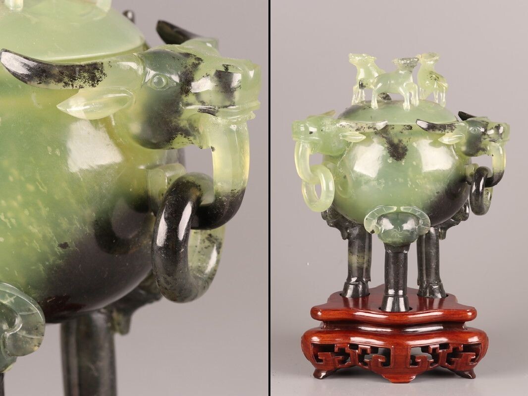 中国古玩 唐物 緑砡石 翡翠 遊環 置物 香炉 時代物 極上品 初 中国古玩 唐物 緑砡石 翡翠 遊環 置物 香炉 時代物 極上品 初