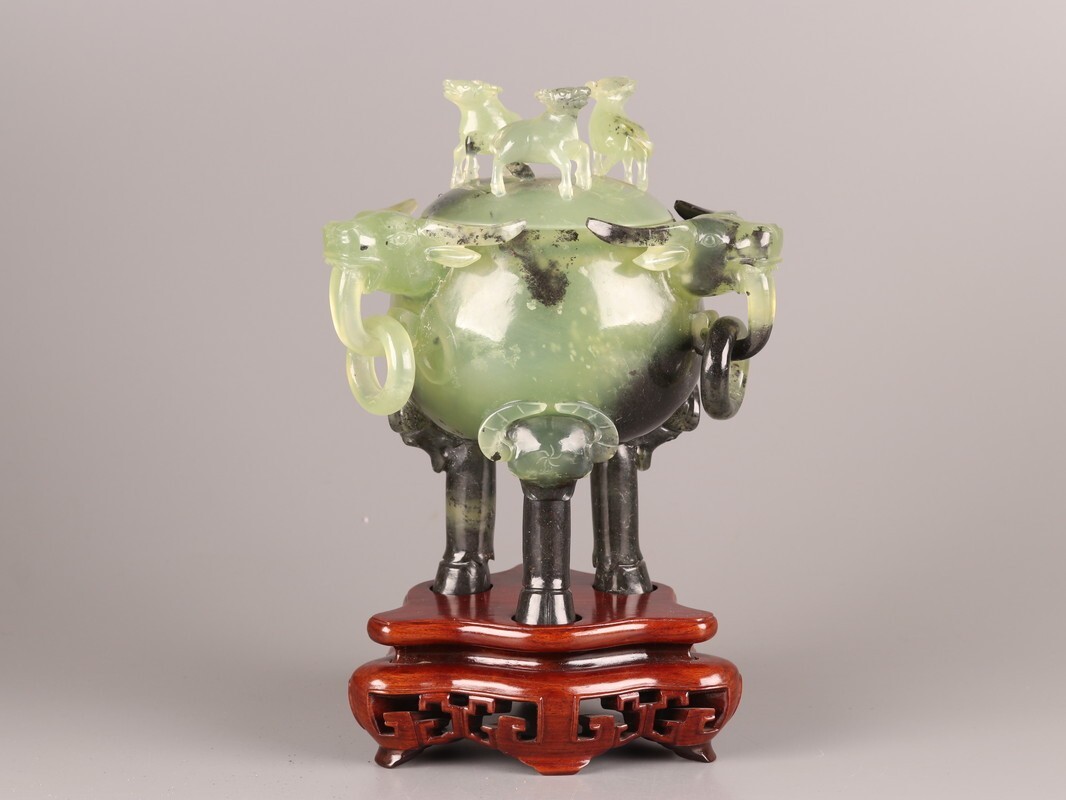 中国古玩 唐物 緑砡石 翡翠 遊環 置物 香炉 時代物 極上品 初 中国古玩 唐物 緑砡石 翡翠 遊環 置物 香炉 時代物 極上品 初