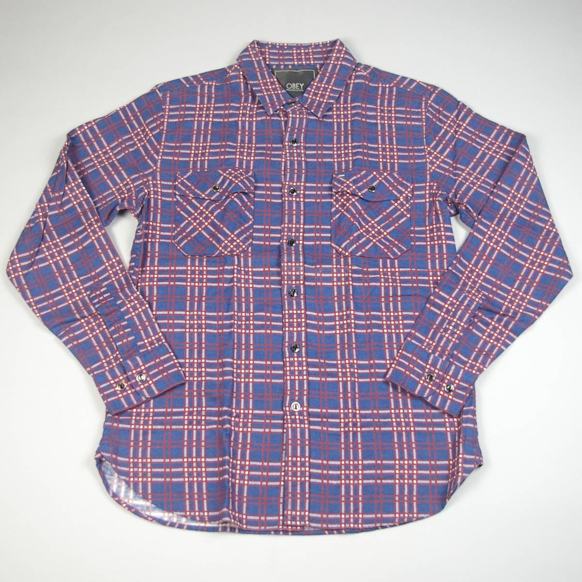 新品 OBEY L/S CHECK BUTTON SHIRTS / RED レッド オベイ チェック柄 長袖 ボタンシャツ メンズ S 90sカラー 赤 青_画像1