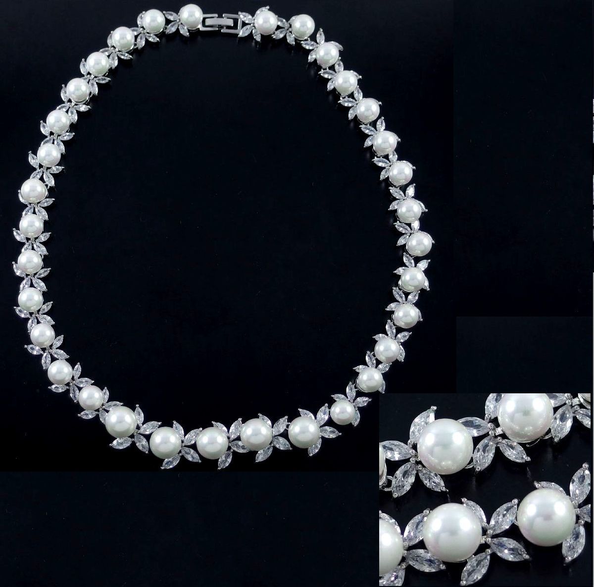 A5543◆ 豪華! 高品質ダイヤモンドスタイル クリアCZ & フェイクパール ◆ 新品ネックレス ◆ 長さ約43.4㎝ ◆