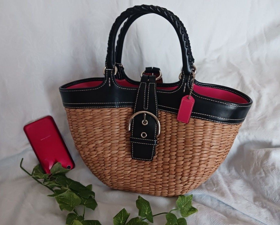 23×32 夏 COACH コーチ ストロー×レザー かごバッグ 23×32 夏 COACH コーチ ストロー×レザー かごバッグ