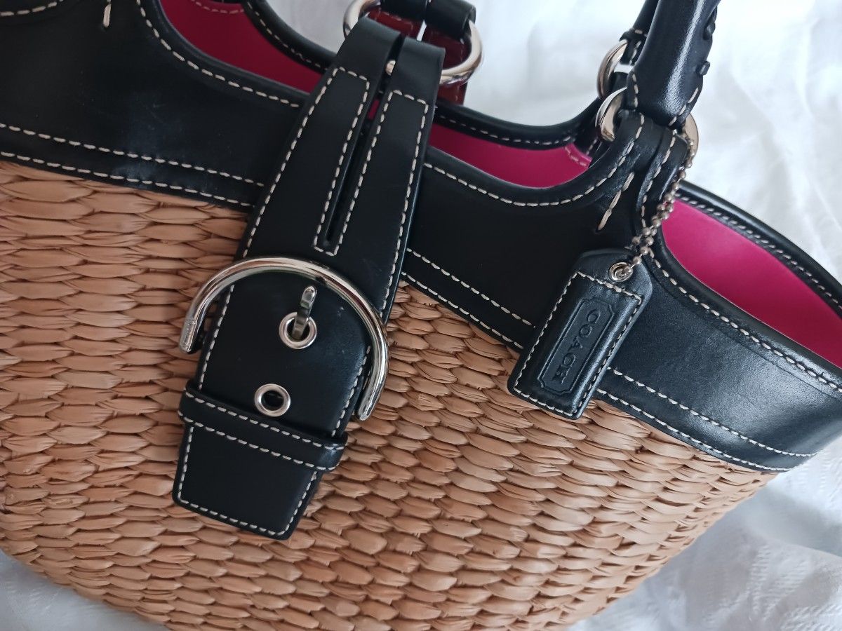 23×32 夏 COACH コーチ ストロー×レザー かごバッグ 23×32 夏 COACH コーチ ストロー×レザー かごバッグ