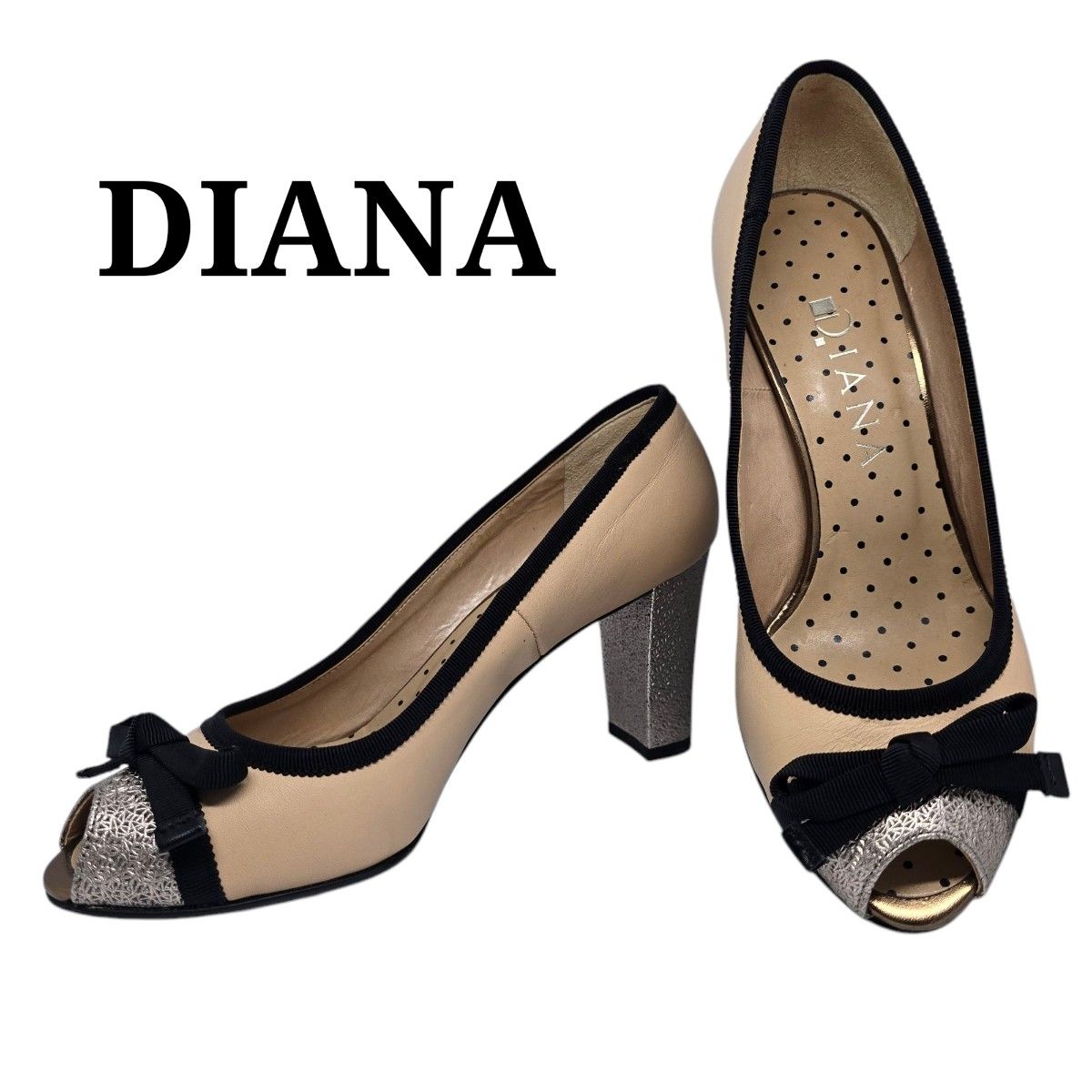 未使用級 超美品】DIANA ダイアナ 本革 オープントゥ リボン 未使用級 超美品】DIANA ダイアナ 本革 オープントゥ リボン