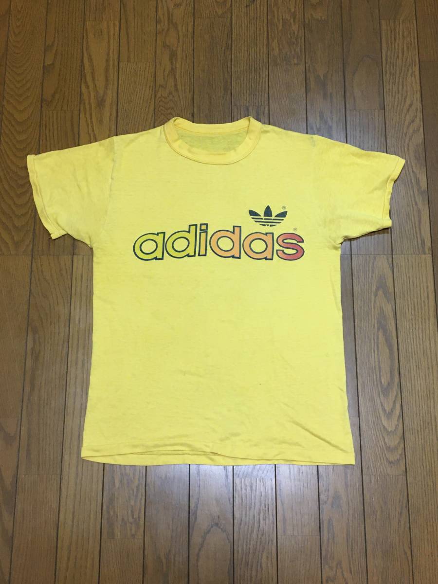 レア ビンテージ 70s adidas アディダス Tシャツ 黄色 レインボー トレフォイルロゴ ヴィンテージ vintage 古着 70年代_画像1