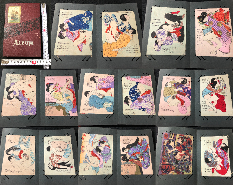 5780春画 彩色 16枚 □貼込帖□ 明治期 春本 艶本 艶画 わ印 木 5780春画 彩色 16枚 □貼込帖□ 明治期 春本 艶本 艶画 わ印 木
