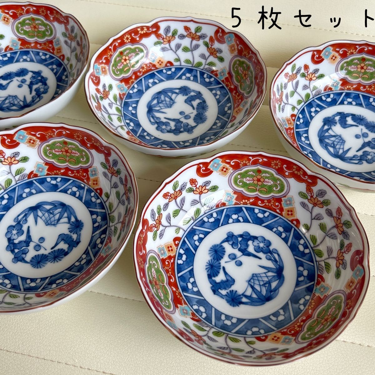 有田焼 飛鳥窯 赤絵 古伊万里 中鉢揃 5枚セット 煮物鉢 輪花鉢 有田焼 飛鳥窯 赤絵 古伊万里 中鉢揃 5枚セット 煮物鉢 輪花鉢