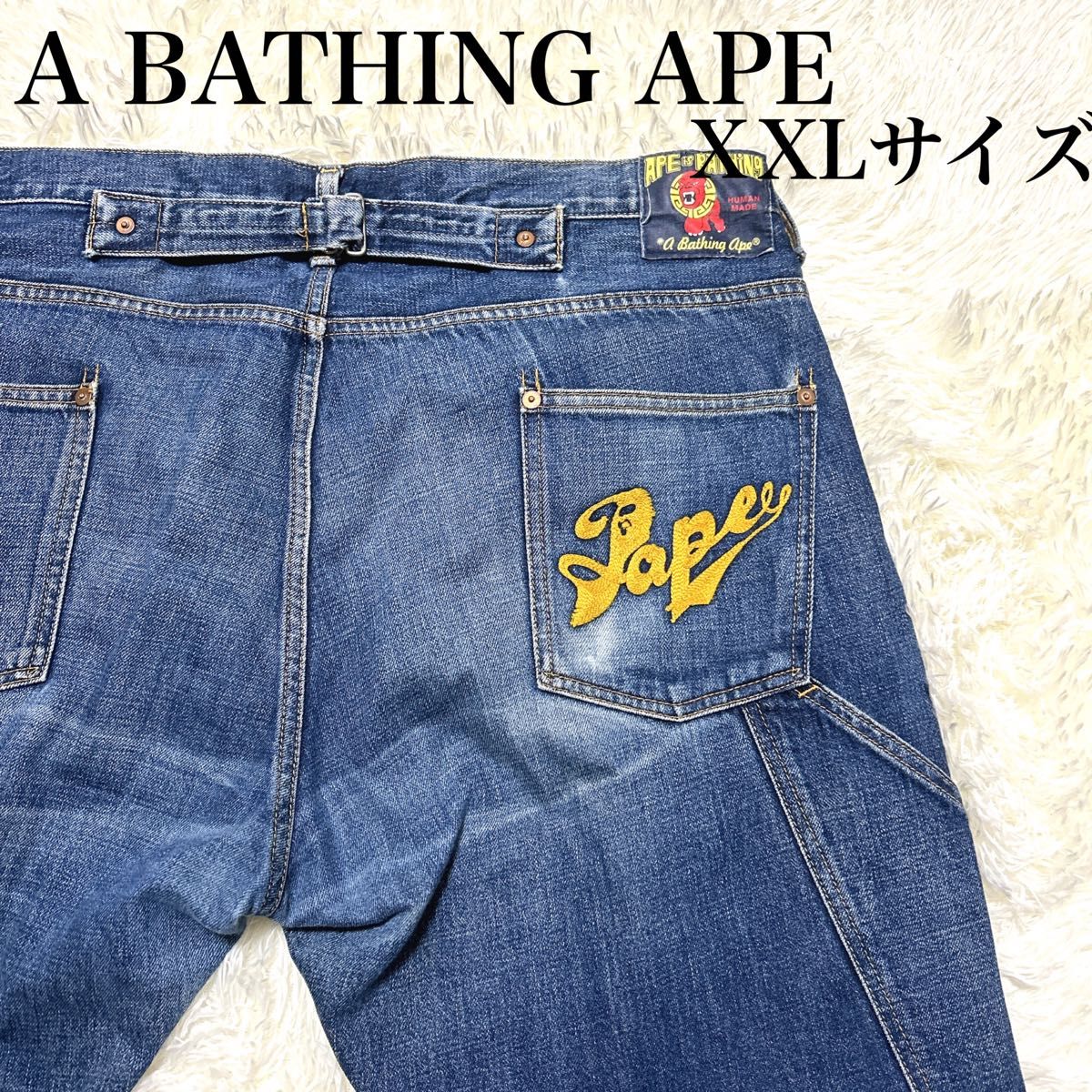 希少】エイプ デニム XXLサイズ シンチバック 刺繍 ボタンフライ 希少】エイプ デニム XXLサイズ シンチバック 刺繍 ボタンフライ