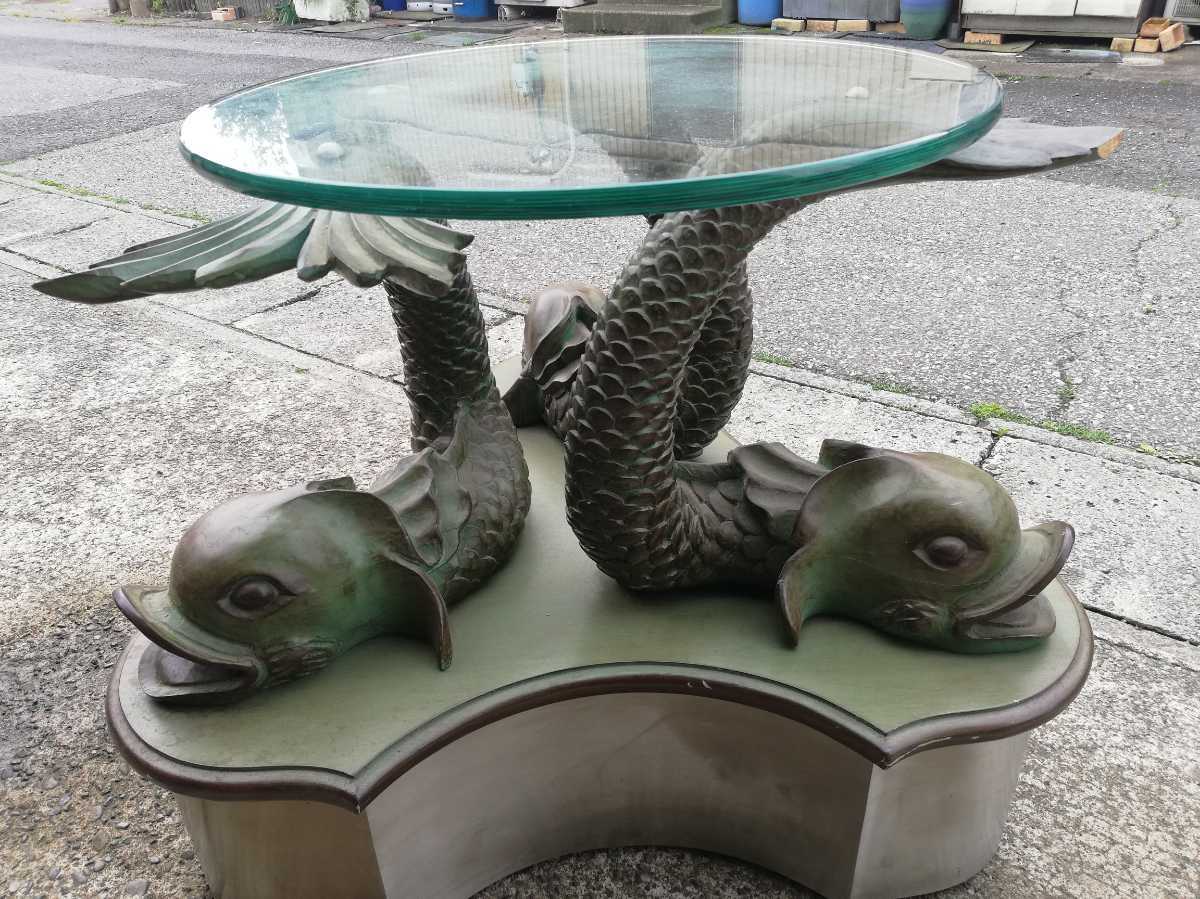 買い取り品　鯉のちゃちほこ　テーブル　置物　鯉は木製　横75㎝奥行き75㎝高さ62㎝　_画像5